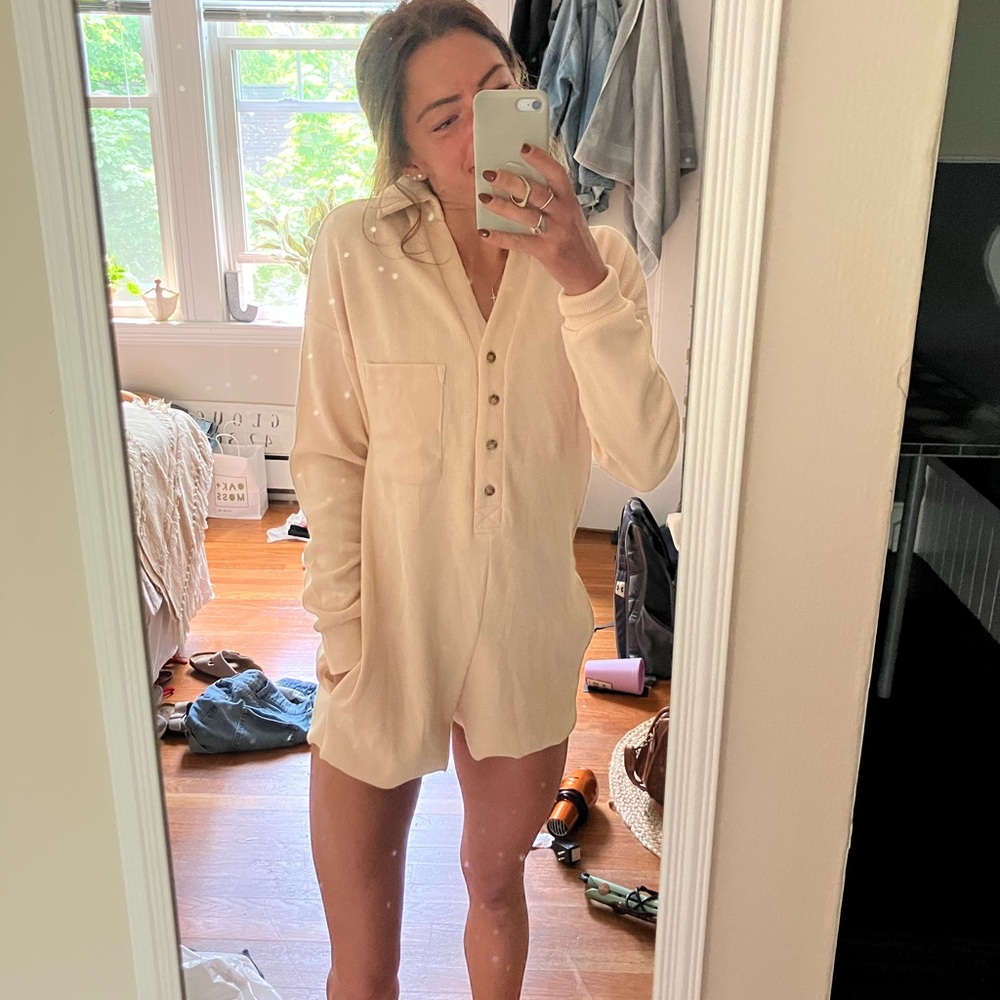 Tan long sleeve button romper
